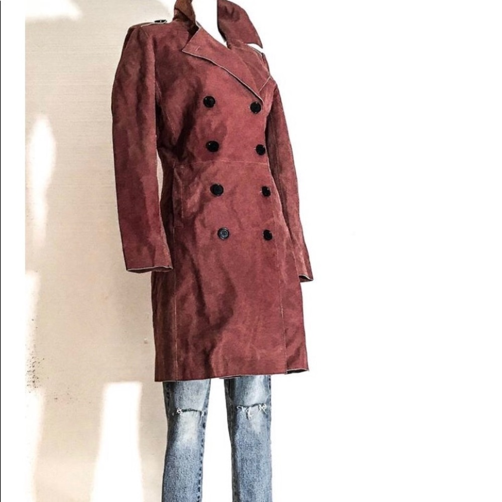 Tommy Hilfiger Double-Breasted Suede Trench Coat in Burgundy
